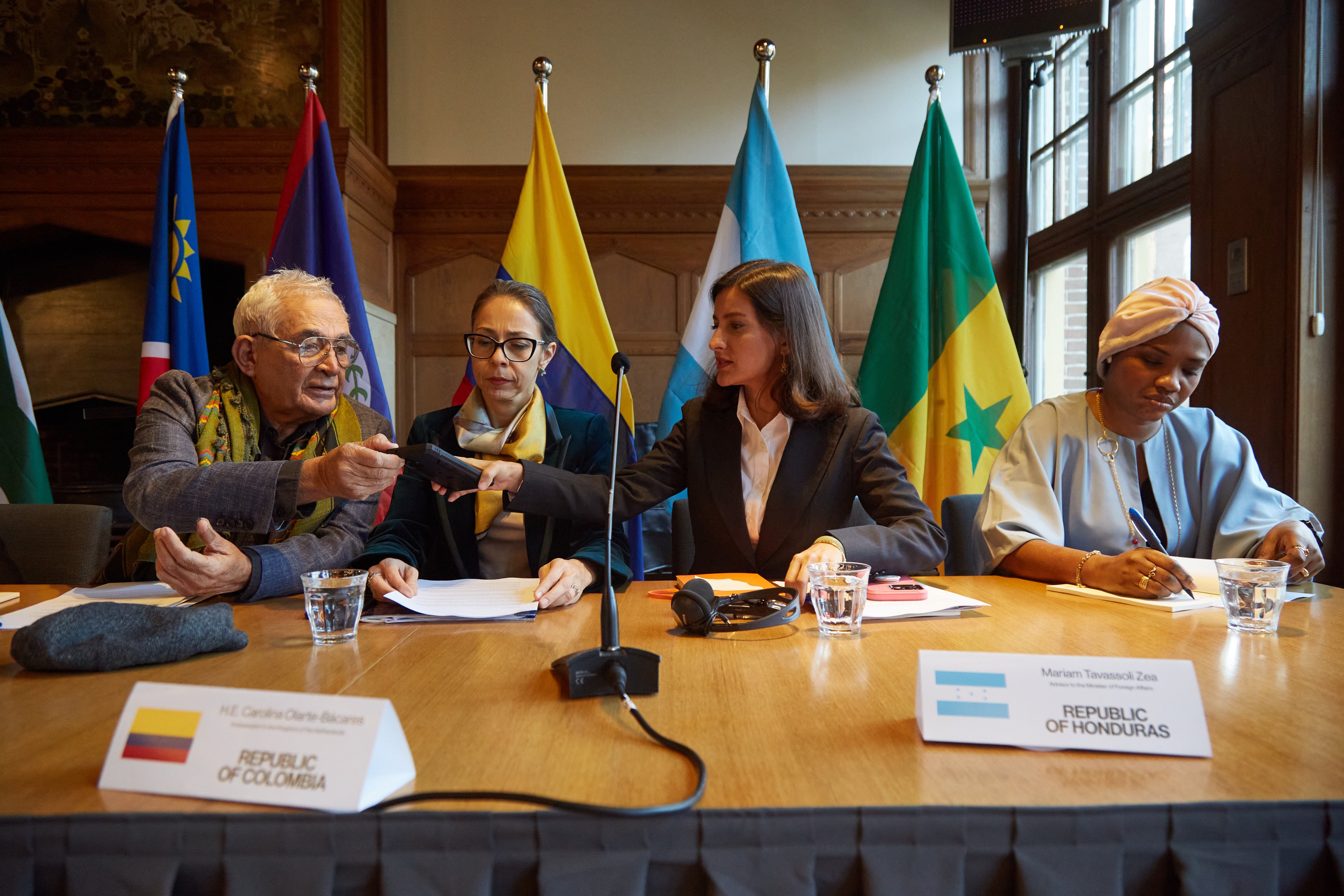 Officials from Belize, Colombia, the Netherlands, Honduras, and Senegal at a press conference of The Hague Group, organized by The Progressive International, in The Hague, Netherlands, January 31, 2025.