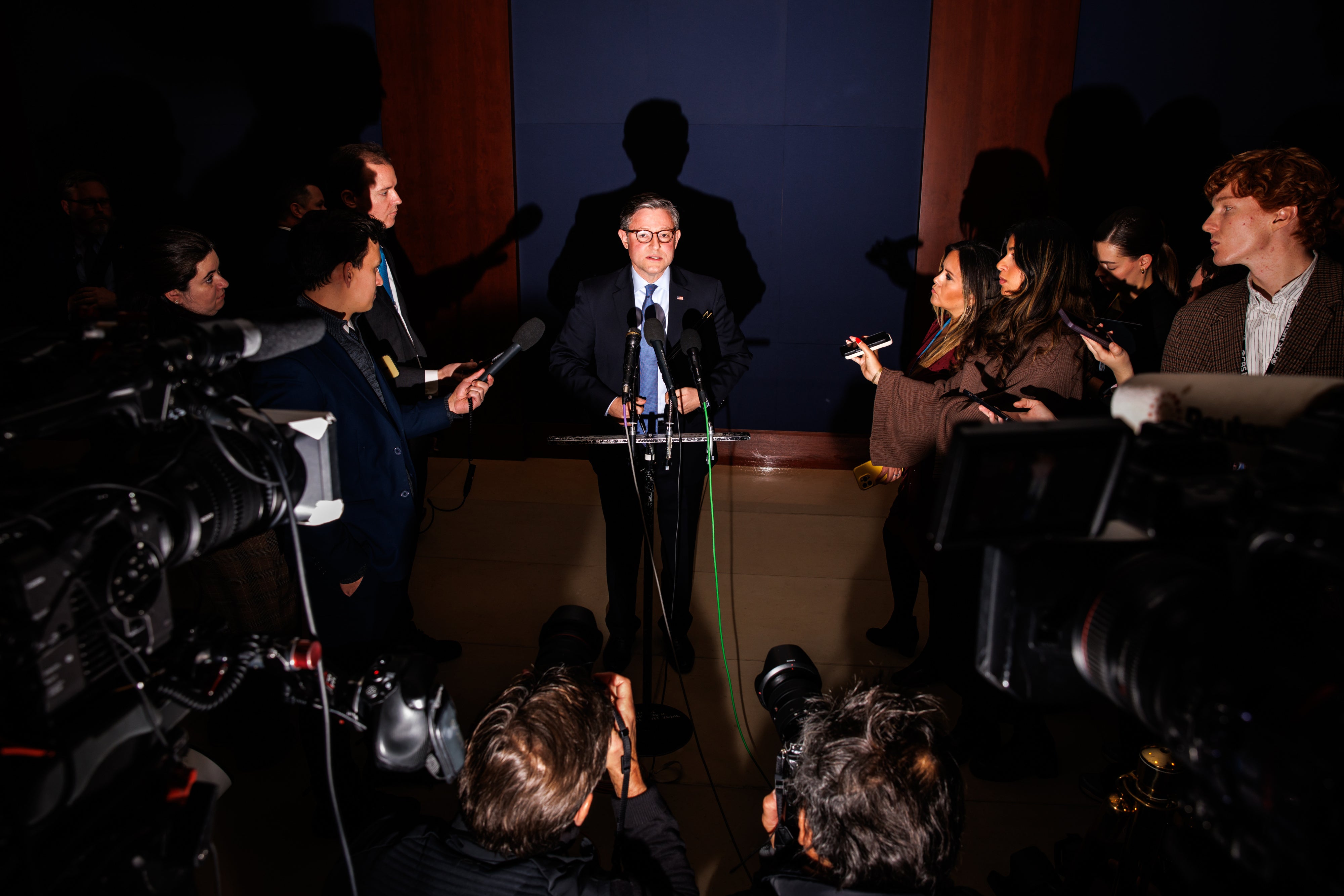 US Speaker of the House Mike Johnson talks to reporters after a closed door briefing with Secretary of State Marco Rubio and Secretary of Defense Pete Hegseth on US military strikes on suspected Venezuelan drug boats, Washington, DC, December 16, 2025. 