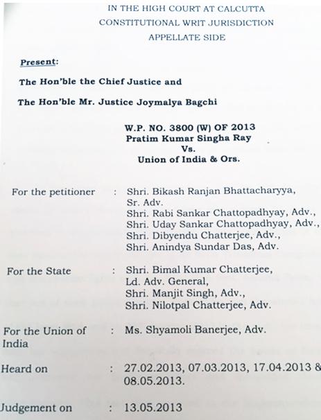 Copy of Calcutta High Court order in Pratim Kumar Singha Ray v. Union of India and Ors., May 13, 2013.