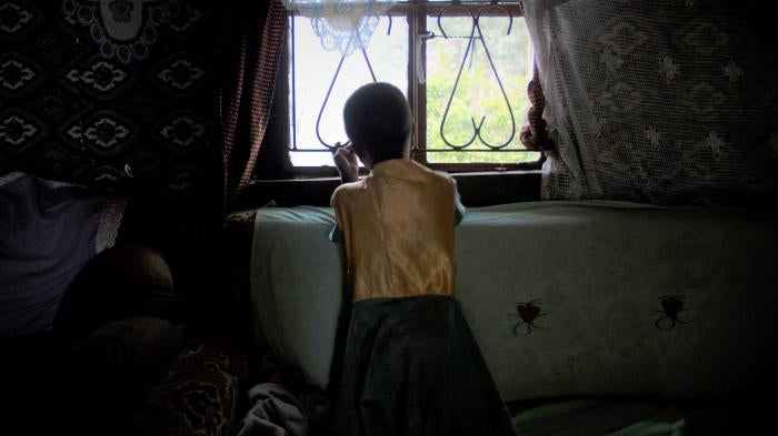 The back of a girl staring out a window