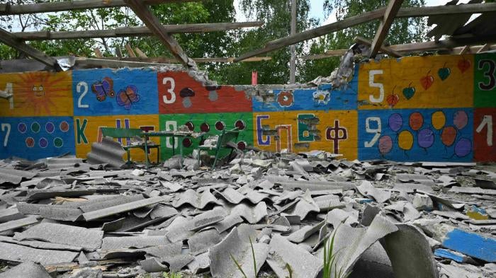 The destroyed playground of a kindergarten