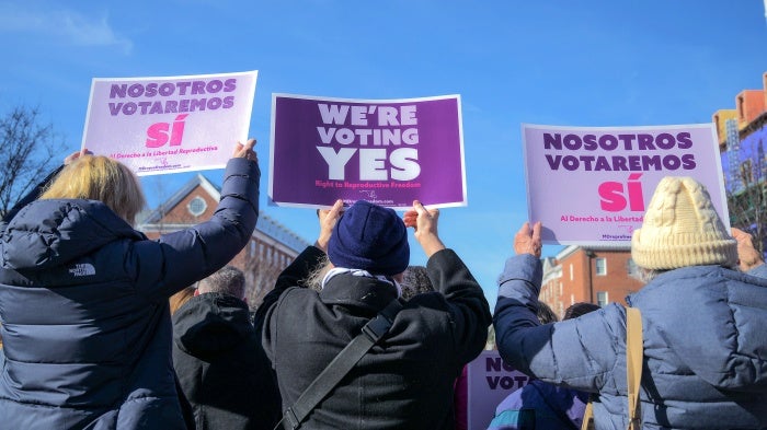 Supporters advocating for reproductive freedom during a rally launching FIRM, or Freedom in Reproduction Maryland, a group that campaigns in support of the constitutional amendment to protect abortion rights on the ballot in Maryland, October 15, 2024.