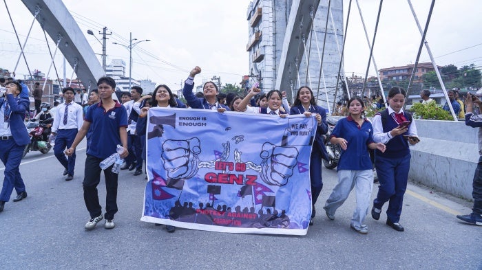 Students protest against corruption and the Nepalese government’s ban on social media platforms in Kathmandu, Nepal, on September 8, 2025.