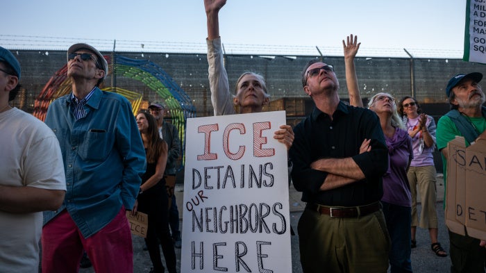 People participate in an anti-Immigration and Customs Enforcement (ICE) rally outside of the Brooklyn Metropolitan Detention Center on September 2, 2025, in New York City, US. 