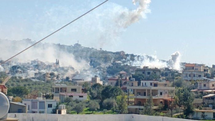 At least two artillery-delivered white phosphorus munitions being airburst over a residential neighborhood in the town of Yohmor, in southern Lebanon, March 3, 2026.