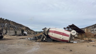 Aftermath of Israeli strikes on October 16, 2025, on an asphalt and cement factory in Sinay, southern Lebanon.