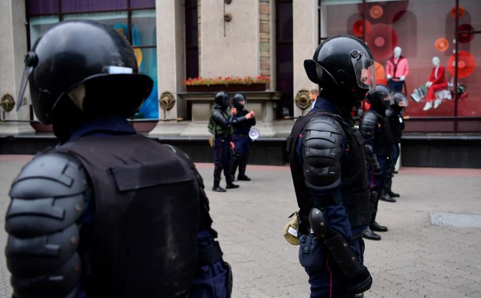 Riot police stand guard during demonstrations against police violence in Minsk, Belarus, September 6, 2020. 