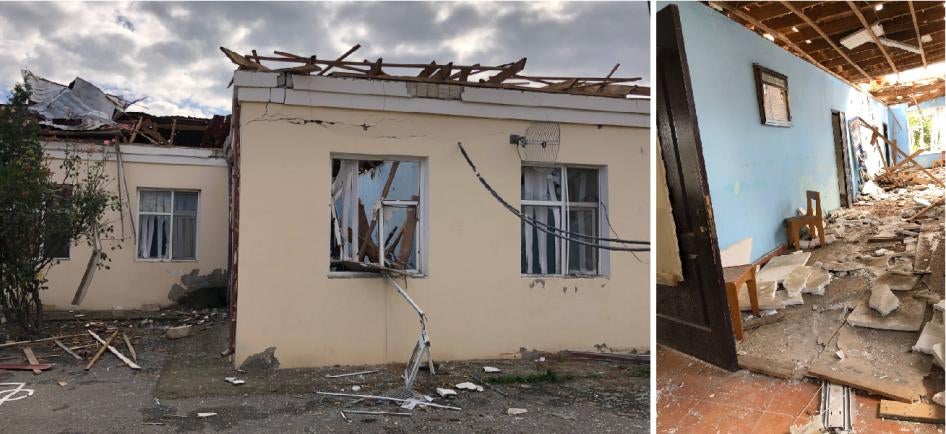Side-by-side photos of damage to a classroom and exterior of a school 