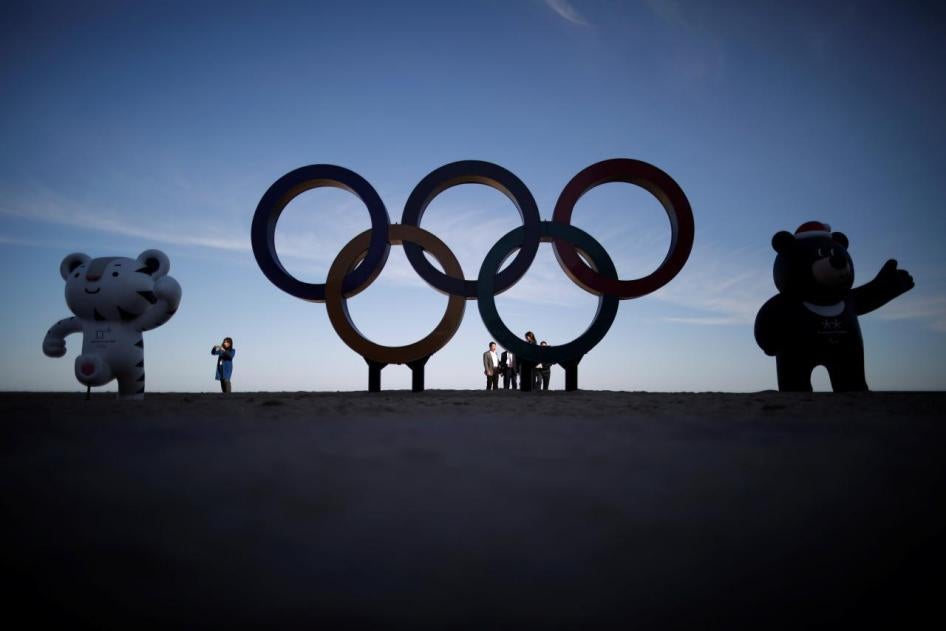 The 2018 PyeongChang Winter Olympics mascots and the Olympic Rings are displayed at Gyeongpodae beach in Gangneung, South Korea, October 31, 2017.