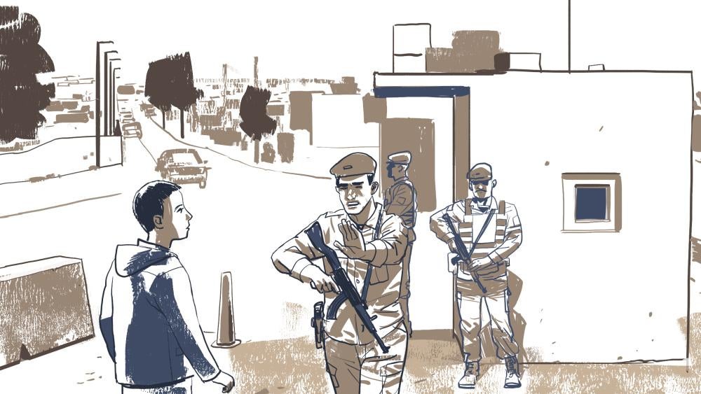 An illustration of security forces confronting a woman with short hair
