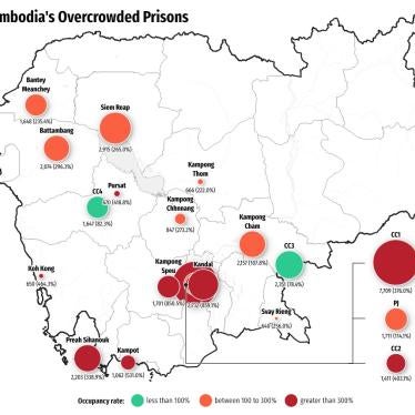 Map showing data on prison overcrowding in 18 out of 28 of Cambodia's prisons.