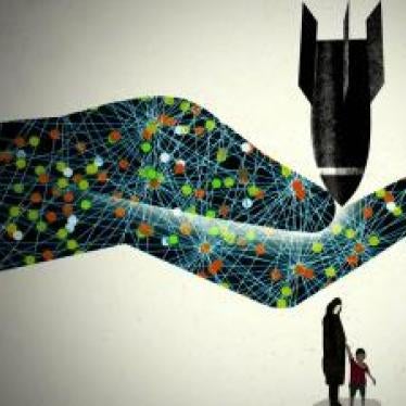 A graphic piece by Brian Stauffer depicting an outstretched hand catching a rocket in its palm while shielding a mother and a young boy beneath it.  