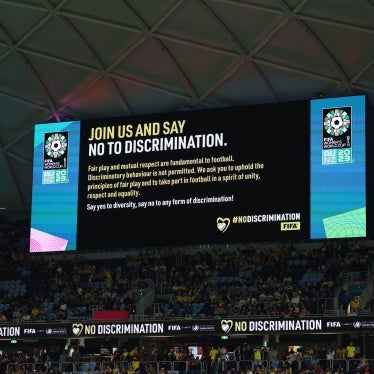  No Discrimination board during the FIFA Women's World Cup at the Sydney Football Stadium, Australia, July 30, 2023.