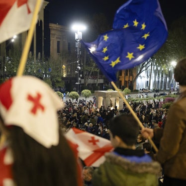 Protestors outside of Georgia’s parliament in support of those arrested at a pro-EU rally earlier, Tbilisi, Georgia, April 8, 2025.