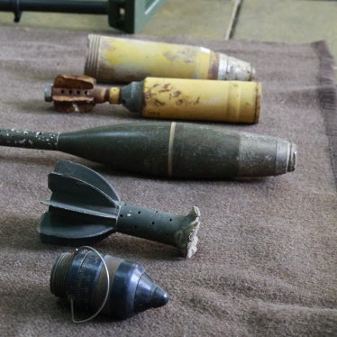 Ammunition set out for a mine-risk education event to raise students’ awareness about the threat of landmines and unexploded ordnance from past conflicts, in Shebaa, Lebanon, January 21, 2026. 