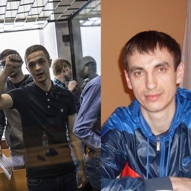 Pictured (L) members of a left-wing group Set (Network) in court in Penza, Russia on Monday, Feb. 10, 2020, when the court convicted seven members on terrorism charges, sentencing them to prison terms ranging from six to 18 years. (R) Eduard Nizamov.